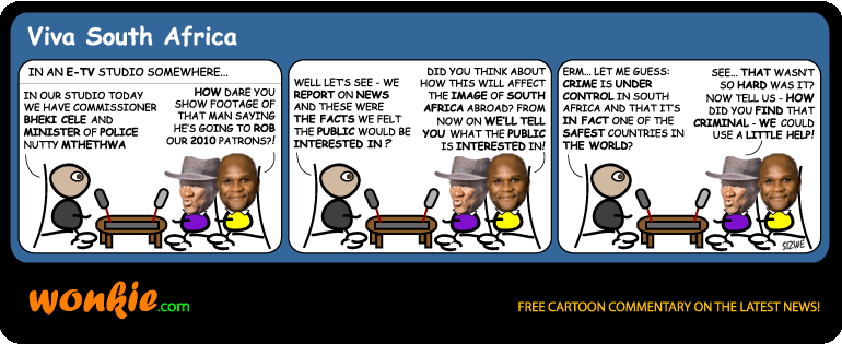 Click cartoon to read full post or to COMMENT 2010 Soccer Fans Robbed of Truth about SA Crime cartoon