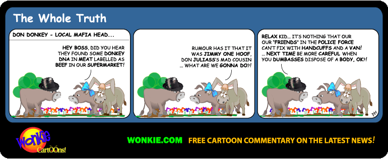 Click cartoon to read full post or to COMMENT Donkey Meat Scandal – The Whole Truth cartoon