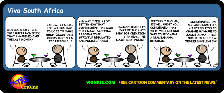 Click cartoon to read full post or to COMMENT Jacob Zuma Name-Dropping Cartoon – Gupta Style! cartoon